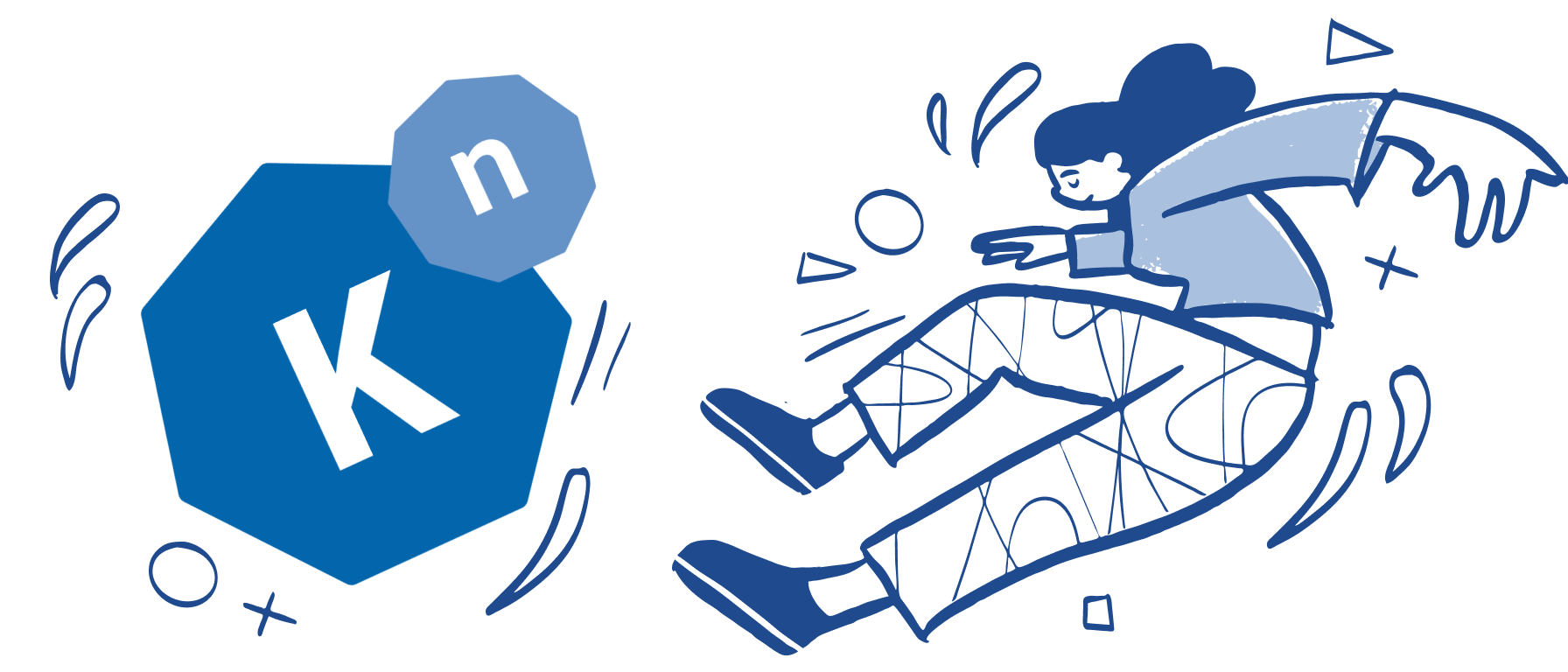 A person and the Knative logo both slipping and falling